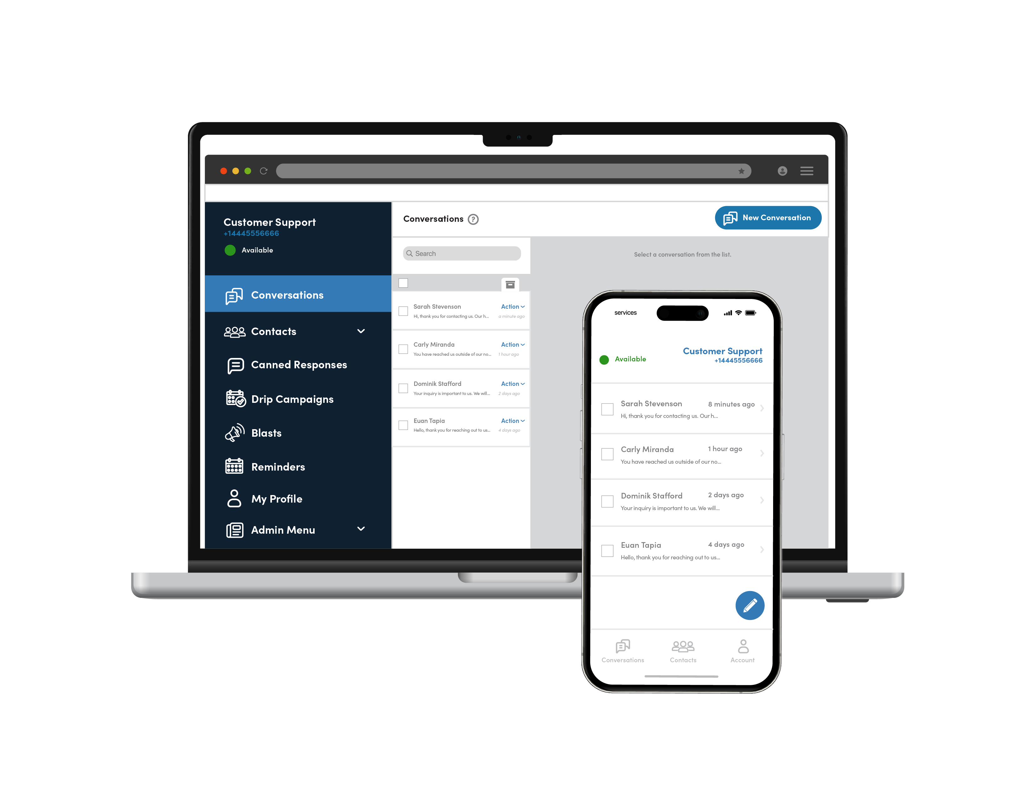VP Tech Solutions business SMS marketing platform on desk phone, computer and mobile app